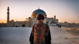A Palestinian woman wearing an embroidered dress with the Dome of the Rock in front of her during sunset in winter.