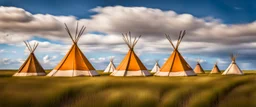 Prairie landscape, living skies, 1 large teepee and 3 smaller teepees, historically authentic, summer