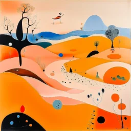 A light rosy orange colored prairie with a river painted by Joan Miro