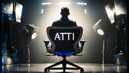 photo from a black producer chair siluette in a futuristic cybertech studio, around many monitors and circle windows to the sky, the inscription capture word text on the back of the chair "Barbi", Professional photography, bokeh, natural and blue-white lighting, perfect shot, sharp focus, professional photo