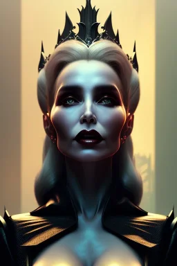 Constance Langdon as evil queen in black leather, leather, busty, cleavage, angry, stern look. character design by cory loftis, fenghua zhong, ryohei hase, ismail inceoglu and ruan jia. unreal engine 5, artistic lighting, highly detailed, photorealistic, fantasy