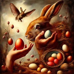 Metaphysical art, Easter eggs and rabbit, in the style of Hieronymus Bosch, by Antonio Mora, by Patrice Murciano Modifiers: oil on canvas ultra detailed earth tones red tones decadence harsh light Mark Heine Double Exposure Effect metal paints