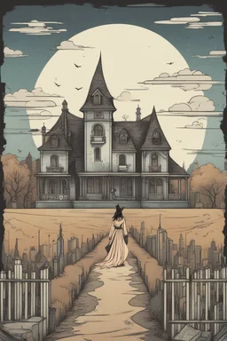 Woman looking like a modern day witch with flowing clothes with a city behind her
