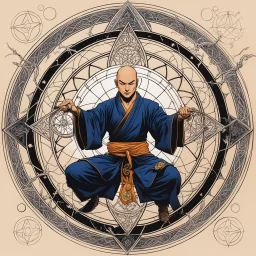 (in the style of Orion, by Masamune Shirow) a Shaolin monk casting a magic spell in the middle of a pentacle, magic is in the air