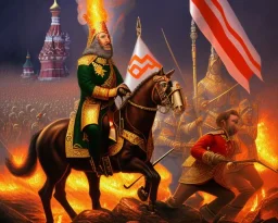 cruel satan president Vladimir Putin and Moscow in fire with roket