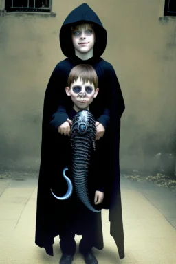 7 year old boy, necromancer, friendly, looks dead,with a long lamprey emerging from his belly , wearing black robes, in the style of H.R. Giger