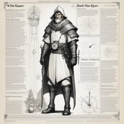 character concept sheet with AD&D statistics and characteristics, [illustration by W. Heath Robinson] the dark keeper character class, his powers are Time Laps Back, Retain and night vision