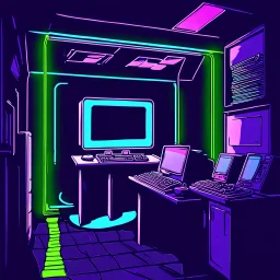 Unsettling room, neon lights, signs, empty, a computer is running, liminalcore