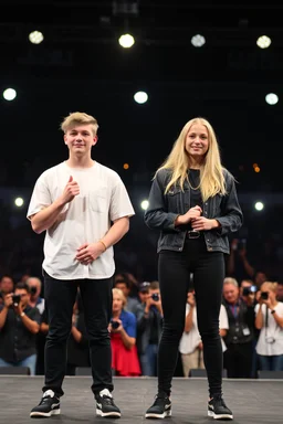 Norwegian Identical teenage twins celebrites, same sex gender standing on a stage with holding their hands, lot of photographers, flashing lights, identical twins with same sex gender, Identical twins, Celebrites