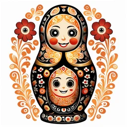 draw matryoshka dolls, the matryoshka is smiling, the kind sweet face of the matryoshka doll, behind the matryoshka Russian patterns in the style of Khokhloma