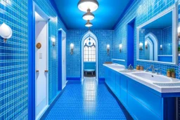 Pictures of a group of bathrooms in Mathaf Restaurant. The walls and floors are colored in shades of blue and white