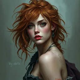 a pretty fantasy woman, young, messy ginger hair, protective, troubled, dark fantasy art