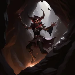 a young sorceress tiefling floating over a dark cavern