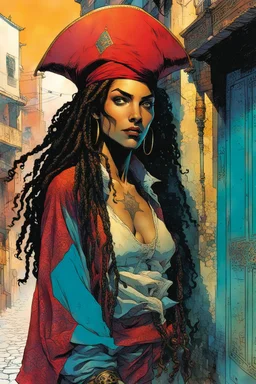 create an imaginative full boy illustration of an female, ornately dressed Moroccan pirate queen with finely detailed facial features, short dreadlock hair, in the backstreets of Istanbul, in the comic book art style of Bill Sienkiewicz, Mike Mignola, and Jean Giraud Moebius, finely textured, drawn, colored, and inked