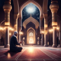 Hyper Realistic Man Praying & Ramadan Lights inside a beautiful mosque at night