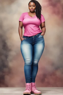 Create a watercolor image of a curvy black female wearing tight cut up jeans and a pink tshirt with timberland boots. Prominent make up with hazel eyes. Highly detail two cornrows going down her head.