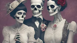 Famous Skeleton Couple Posing together wearing 1920's Hollywood Grandeur; Surreal, Intricately Detailed, Beautiful, Colorful, award-winning, high definition, ultra-detailed, beautiful, rose tones