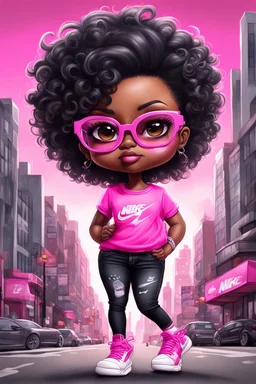 create an airbrush illustration of a chibi cartoon voluptuous black female. Wearing a hot pink t-shirt and tight black jeans with hot pink Nike sneakers. Prominent make up with hazel eyes and she is wearing pink glasses. Extremely Highly detail of a very low platinum shiny pixie haircut. Background of a busy city street.