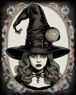 Get ready for a spooky adventure with this interesting, portrait of a wizard hat Halloween vintage girl, and all with a hint of horror and mischief, perfect for a Halloween vibes to any surface