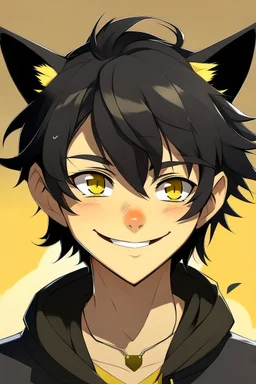 An anime man with messy black hair and large, black cat ears. Yellow eyes. Smiling.