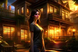 Digital art, high quality, digital masterpiece, natural illumination, spotlight, sunset, night, realistic, film style, beautiful, (full body:3), (1 beautiful giant girl standing next to a smaller building:3), (cute femenine face:1.8), (sexy eyes:1.5), (dark brown hair:1.8), (tiny city underneath:2), (tiny building under:2)