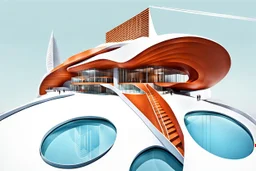 Architectural drawing of a Neofuturistic art museum, (((isometry))), ultra quality, people, treets, forma above