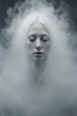 translucent female face barely visible from very dense white smoke and fog, translucent ghost-like face with lots of white hair, lots of fog in the background, surreal style