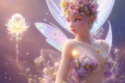 one very little beautiful fairy on a big crystal subtle flower in a galactic ambiance, transparent petals, delicate colors, in the foreground, full of details, smooth, bright sunshine，soft light atmosphere, light effect，vaporwave colorful, concept art, smooth, extremely sharp detail, finely tuned detail, ultra high definition, 8 k, unreal engine 5, ultra sharp focus