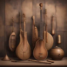 Hyper Realistic eastern classical musical instruments with rustic musical background