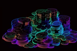 black background, outlines of a holographic pile of coins, diagram drawn from thin neon-coloured glowing lines