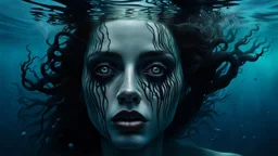 close up face shadow eyes, void, pain, hyper-realistic detail, floats in deep sea, Dark sea ten and in her hair, drils and shadow around, abyss, fog, Style crepy stunning, dark, surreal vibe underwater and meticulous detail clean pale skin and face. dark shadow and weird mood
