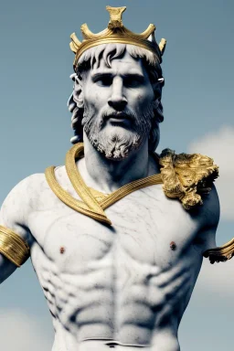 Realistic image, Roman sculpture made in white marble with gold veins, Lionel messi with gold laurel leaves crown, decorative star on the chest, waist up portrait, marble material, gold ornaments, Baroque style, sun rays background, epic, celestial, cinematic lighting, God lights, 4k resolution, smooth details, soft lighting, unreal engine 5, art station, substance 3d.