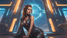 Cyberpunk portrait of incredibly graceful beautiful woman, brown hair, remarkable nuance of color reflecting the future science fiction time with despotic impression, appealing cyberpunk photorealistic photography, in front off lovely sumer beach, 8 k resolution image, 256 megapixels quality, sophisticed dress cyberpunk