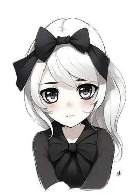 A cute sad girl with white hair and a black bow on her head