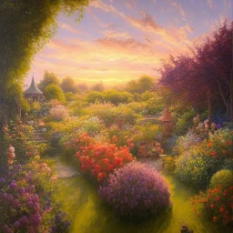 View of a beautiful sunset in the garden, oil on canvas, intricate, portrait, 8k highly professionally detailed, HDR, CGsociety, illustration painting by Mandy Jurgens and Małgorzata Kmiec and Dang My Linh and Lulu Chen and Alexis Franklin and Filip Hodas and Pascal Blanché and Bastien Lecouffe Deharme, detailed intricate ink illustration, heavenly atmosphere, detailed illustration, hd, 4k, digital art, overdetailed art, concept art, complementing colors, trending on artstation, Cgstudio