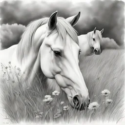 Graphite Pencil drawing, a horse laying down and relaxing in the meadow, sketch drawing, hash drawing, sketch style, drawing, perfect eyes, monochromatic, white background