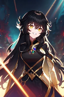 girl, masterpiece, best quality, cinematic lighting, detailed outfit, vibrant colors, perfect eyes, long hair, black hair, golden eyes, messy hair, laughing, dark magic, angry,