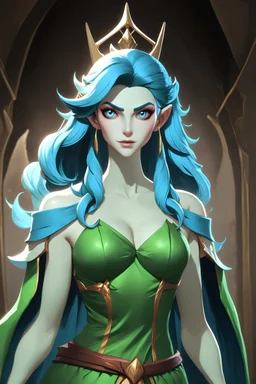 Eladrin female queen with blue hair and green royal dress. Intimidating expression.Dungeons and dragons charakter. Hair is long and bright that looks like big waves. Big bright blue eyes. Skin color is dark.