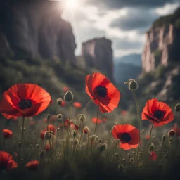 Red poppies blossoming in sharp focus against sunlight, brooding cliffs, bokeh effect softening the foreboding clouds in the background, studio photo setup, intricate petal details showcasing a cinematic production value in character renders, vibrant yet with high contrast, captured from a dark, low angle, atmospheric mood, 8k HDR resolution for a hyper-realistic botanical masterpiece, 500px quality.