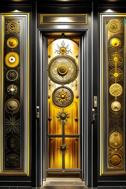 An ancient door with four icons inlayed in the center depicting the sun, clouds, moon and stars