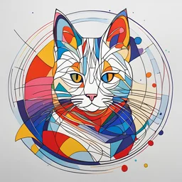 Create an abstract, minimalist cat using continuous line art. The cat is stylized and simplified to the most basic forms, with exaggerated features. adorned with splashes of primary colors. The background should be clean and mostly white, with subtle geometric shapes and thin, straight lines that intersect with dotted nodes and overlap the figures. The overall aesthetic should be modern and artistic.