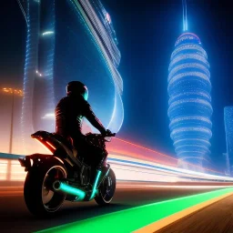 a guy in a futuristic motorbike leaving a futuristic city with neon lights at night, through a super highway, high speed, Looking from behind from a higher view to the highway seeing tall skyscrapers, outer space, vanishing point, super highway, high speed, digital render, digital painting, beeple, noah bradley, cyril roland, ross tran, trending on artstation