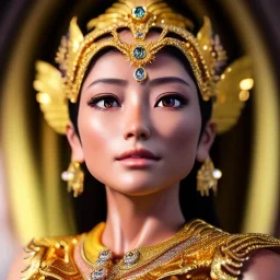 Ultra detailed realistic fullbody Portrait in oil on canvas of beautiful female character with gold armor(saint Seiya),extremely detailed digital painting, extremely detailed face, crystal clear eyes, mystical colors ,perfectly centered image, perfect composition, rim light, beautiful lighting,masterpiece ,8k, stunning scene, raytracing, anatomically correct, in the style of Sixfrid and KyuYong Eom and Steve Jung and Simon Bisley.