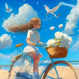 A girl is riding a bicycle on the beach. His cat is sitting in the front basket of the bicycle. Spring flowers can be seen everywhere. Beautiful blue sky with white clouds - kites in the sky. sense of peace. digital art, 8k, full details