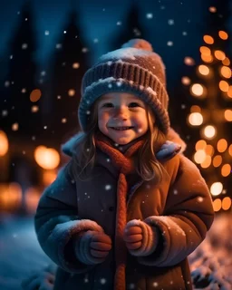 Little girl with christmas lights enjoying the holidays outdoors in snowfall. Happy cute child girl playing with Chistmas festive lights. digital ai