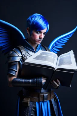 a person in runic armor with blue wings, blue short hair, runic tattoo and spell book, male