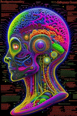 Fantasy00d Technical Diagram, Info graphic, Charts, of A Cosmic Anatomical Human Head, Info Graphic, Scientific, Data Diagram, Nervous System, Galaxy, Vibrant Colors, Midnight Aura, Ultra Detailed, H.R. Giger, Max Ernst, Thomas Kinkade, Robert Gonsalves, dark background