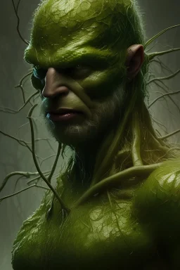 Swamp Thing, character, physically fit, scars, dark hair, dark eyeshadow,black eyes, soft round eyes, 8k resolution, cinematic smooth, intricate details, vibrant colors, realistic details, masterpiece, oil on canvas, smokey background