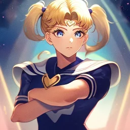 Clear focus, High resolution, girl wearing a sailor moon outfit, short blonde hair with 2 long pigtails, blue eyes