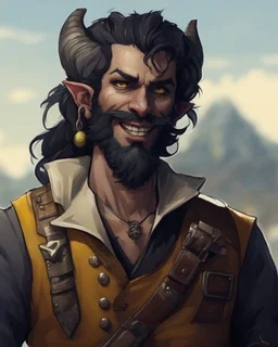 fantasy demon tiefling horned, small ram horns, rogue scoundrel happy go lucky, cheeky smile smirk, gunslinger pirate pistol, gray ashen skin, pirate gear, yellow shining cat eyes, black neck length hair, short black beard